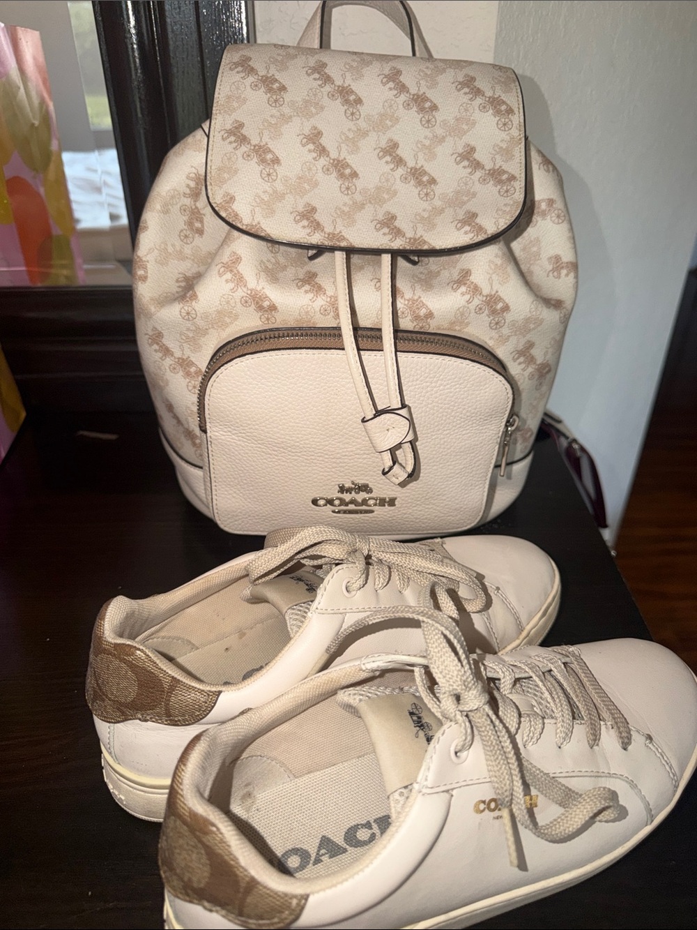 Coach Signature Print Cream Backpack - Picture 8 of 8